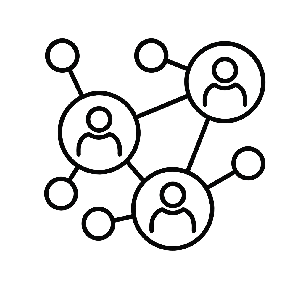 Illustration of interconnected people icons on a white background