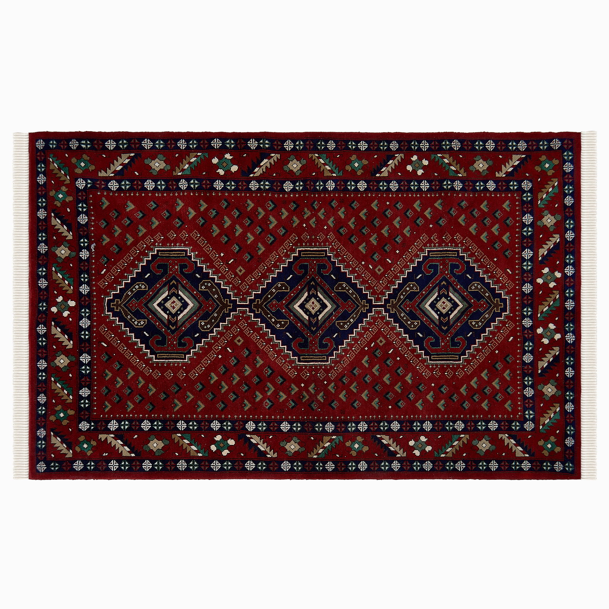 rug in deep red wool with triple diamond motif, demonstrating handwoven rug craftsmanship.
