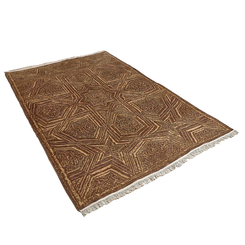 rug in brown wool with Islamic star geometry motif, demonstrating handwoven rug craftsmanship.