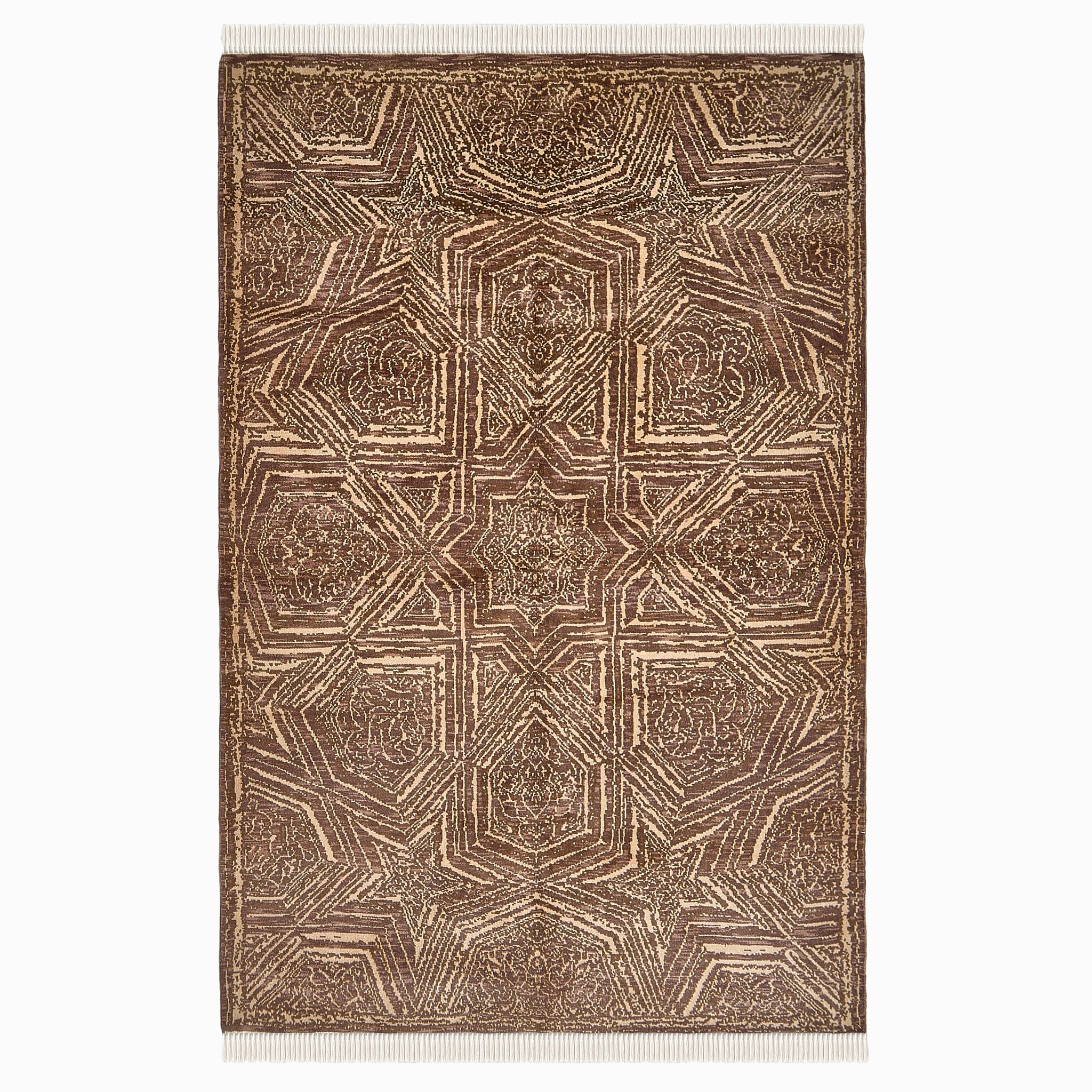 rug in brown wool with Islamic star geometry motif, demonstrating handwoven rug craftsmanship.