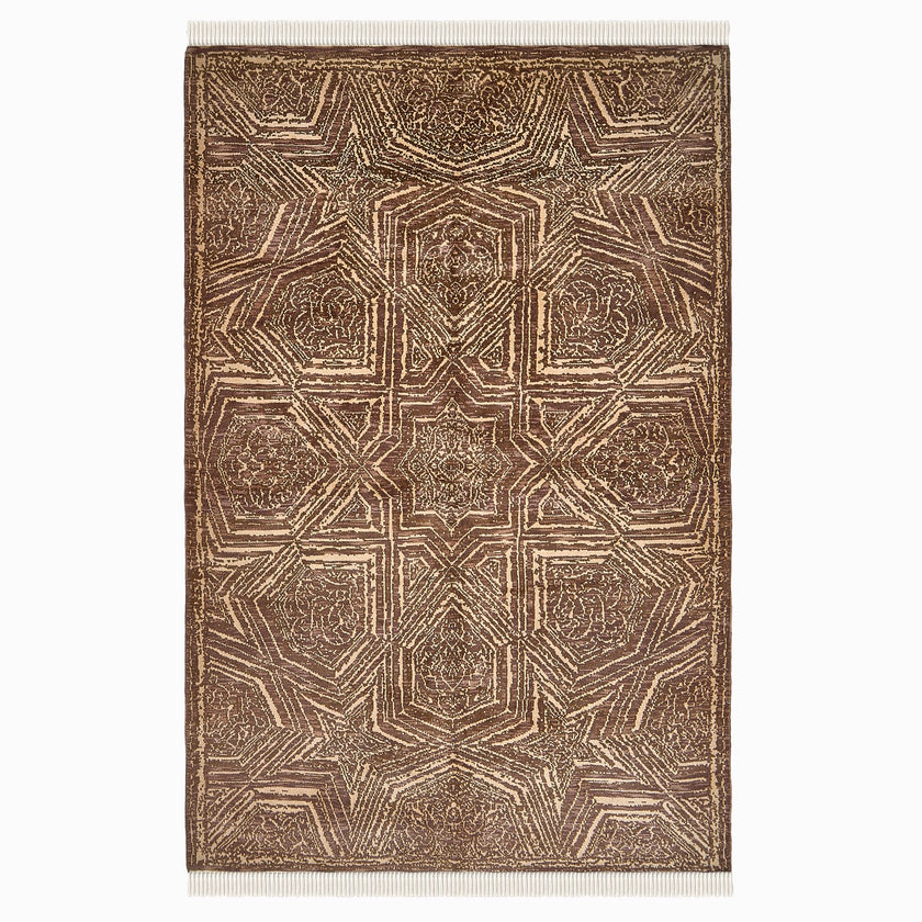 rug in brown wool with Islamic star geometry motif, demonstrating handwoven rug craftsmanship.