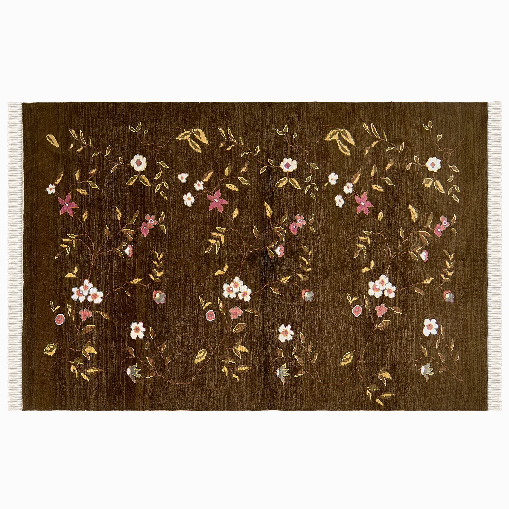 rug in brown wool with vinework floral motif, demonstrating handwoven rug craftsmanship.