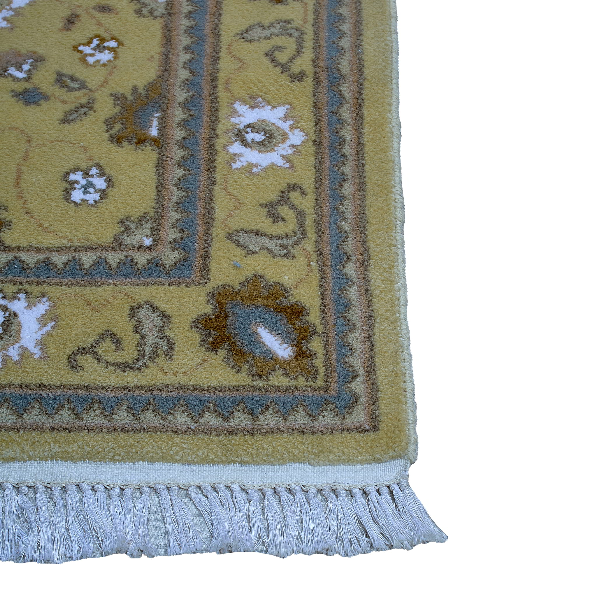rug in camel wool–silk blend with floral field motif, demonstrating handwoven rug craftsmanship.