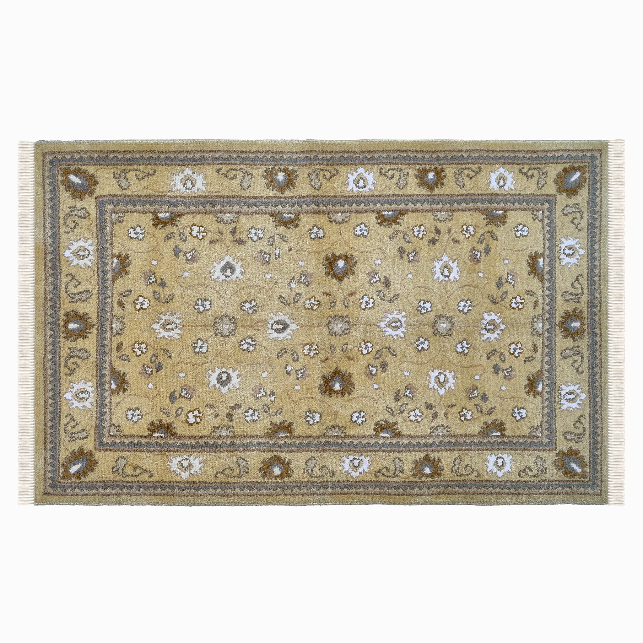 rug in camel wool–silk blend with floral field motif, demonstrating handwoven rug craftsmanship.