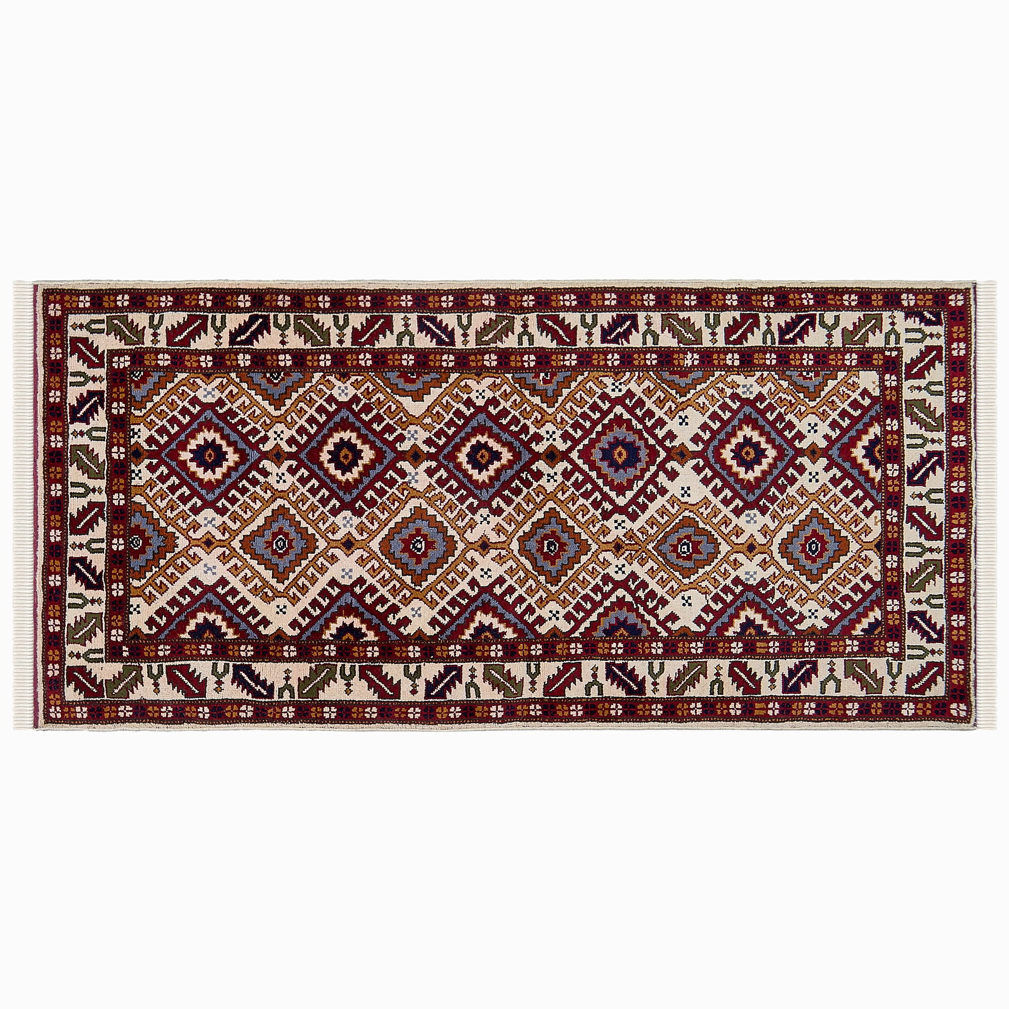 rug in red wool with geometric lattice motif, demonstrating handwoven rug craftsmanship.