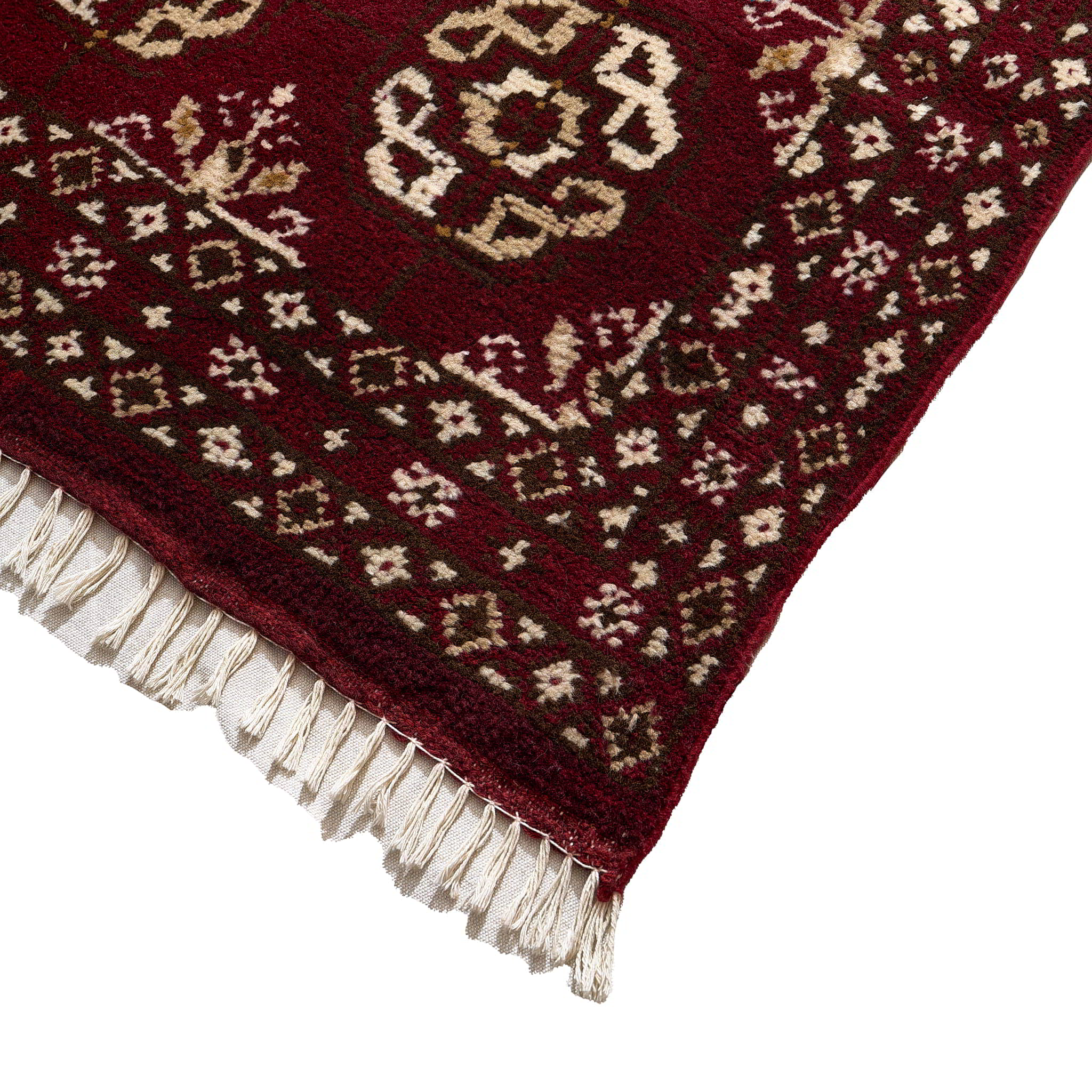 rug in deep red wool with rosette field motif, demonstrating kilim craftsmanship.