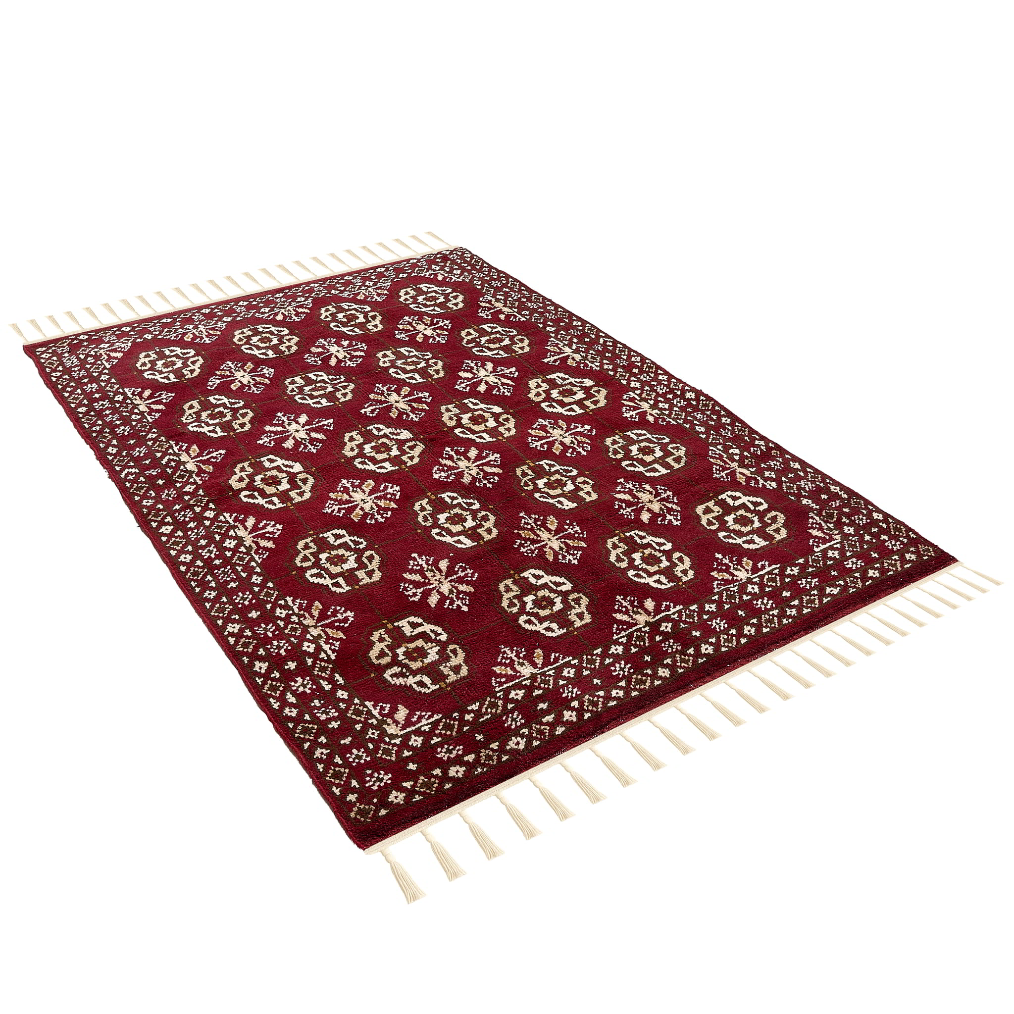 rug in deep red wool with rosette field motif, demonstrating handwoven rug craftsmanship.