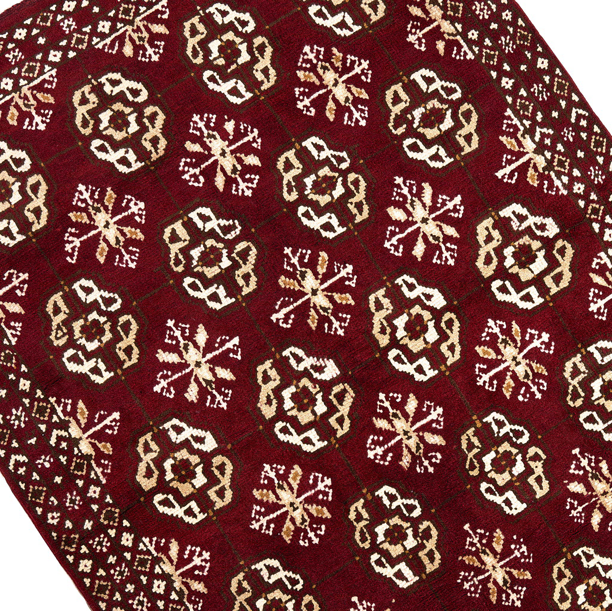 rug in deep red wool with rosette field motif, demonstrating kilim craftsmanship.