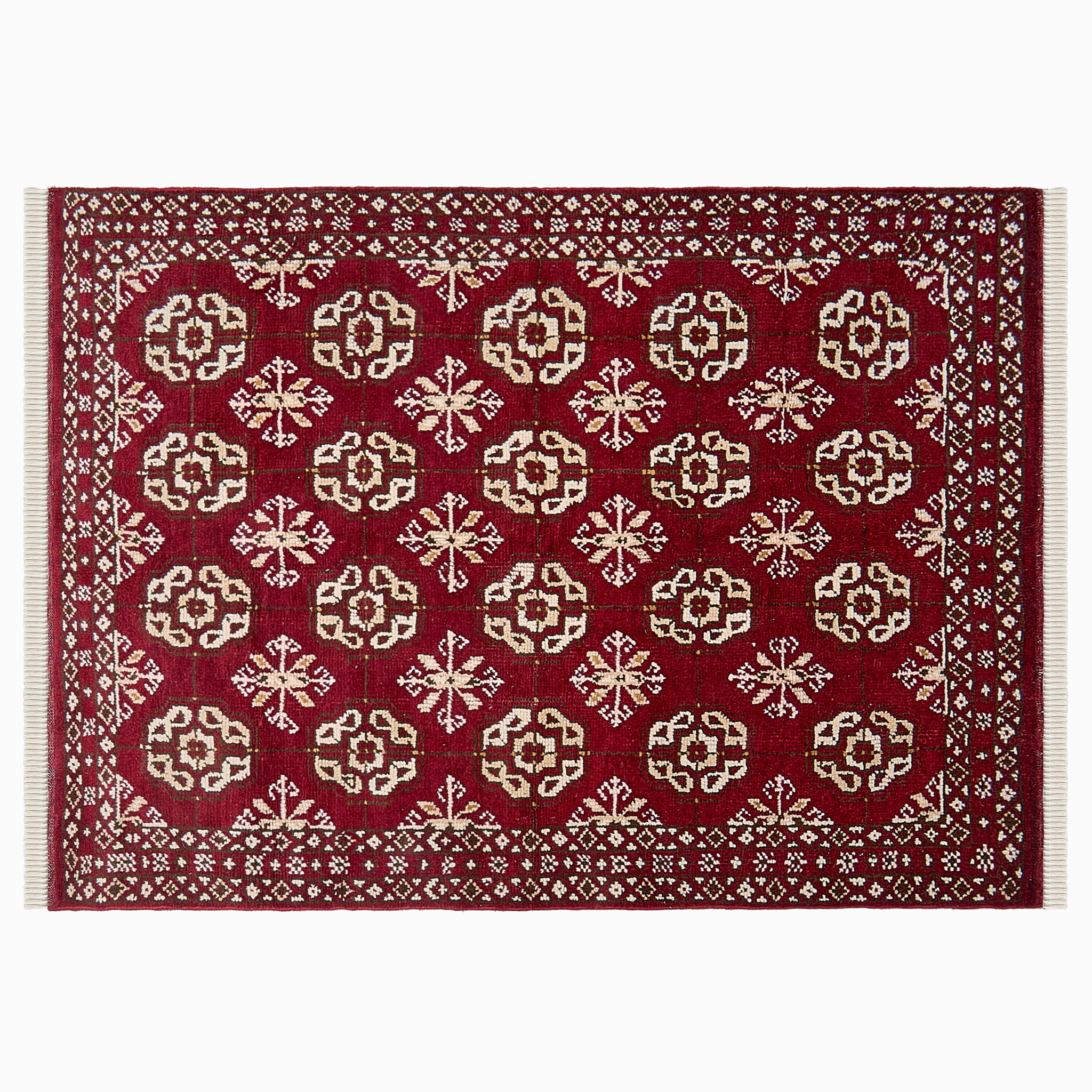 rug in deep red wool with rosette field motif, demonstrating handwoven rug craftsmanship.
