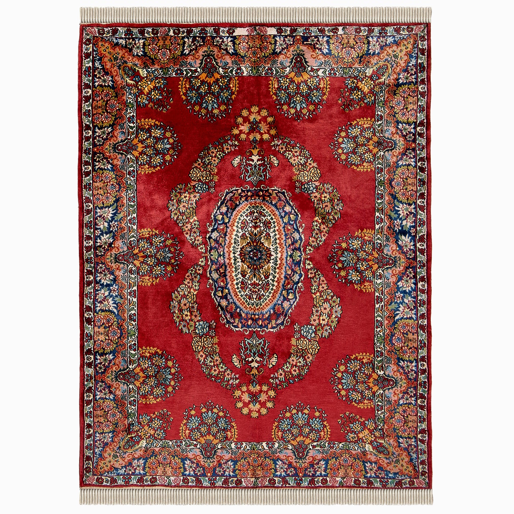 rug in deep red silk with oval floral medallion motif, demonstrating handwoven rug craftsmanship.