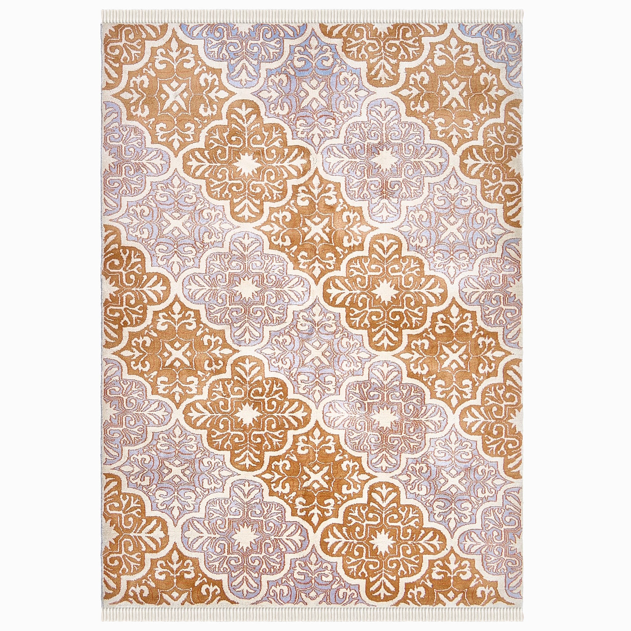 rug in lavender wool with floral/tile quatrefoil motif, demonstrating handwoven rug craftsmanship.