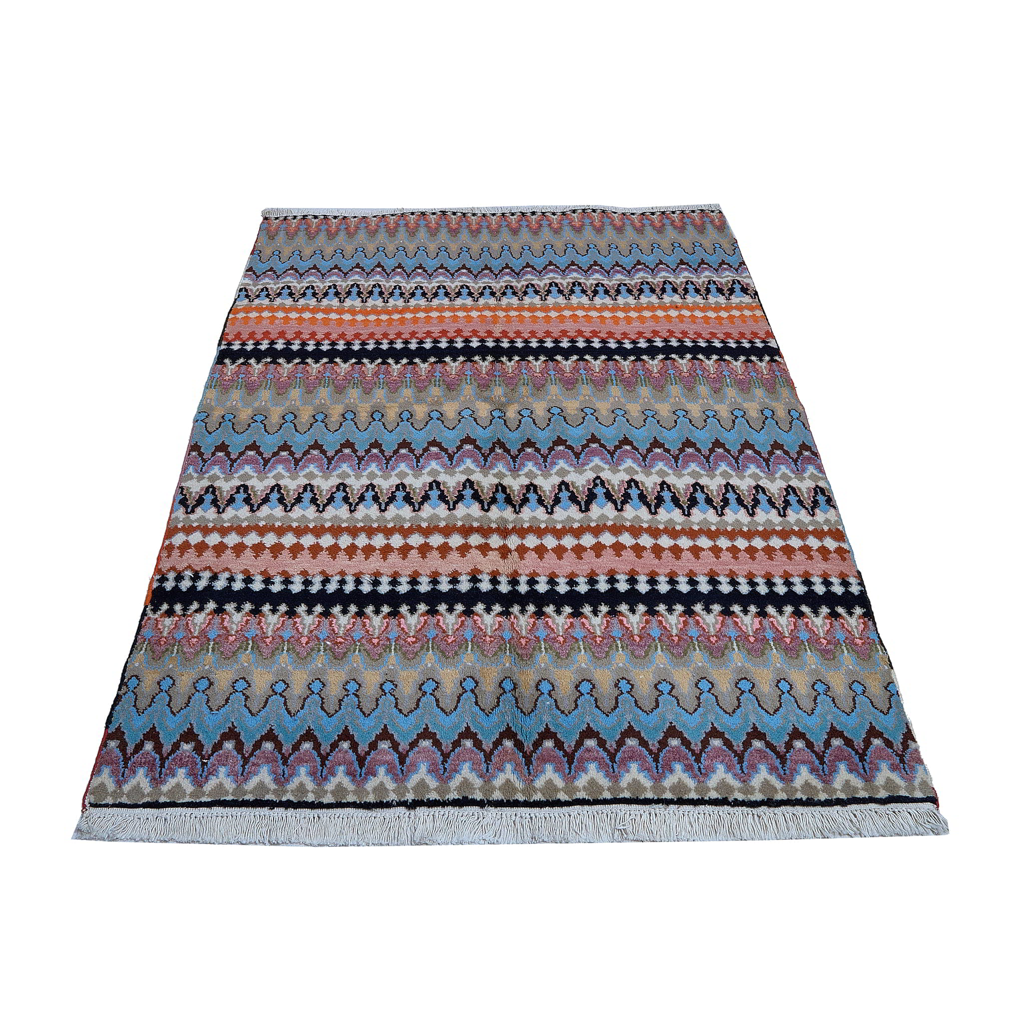 rug in blue wool with zigzag tribal stripe motif, demonstrating handwoven rug craftsmanship.