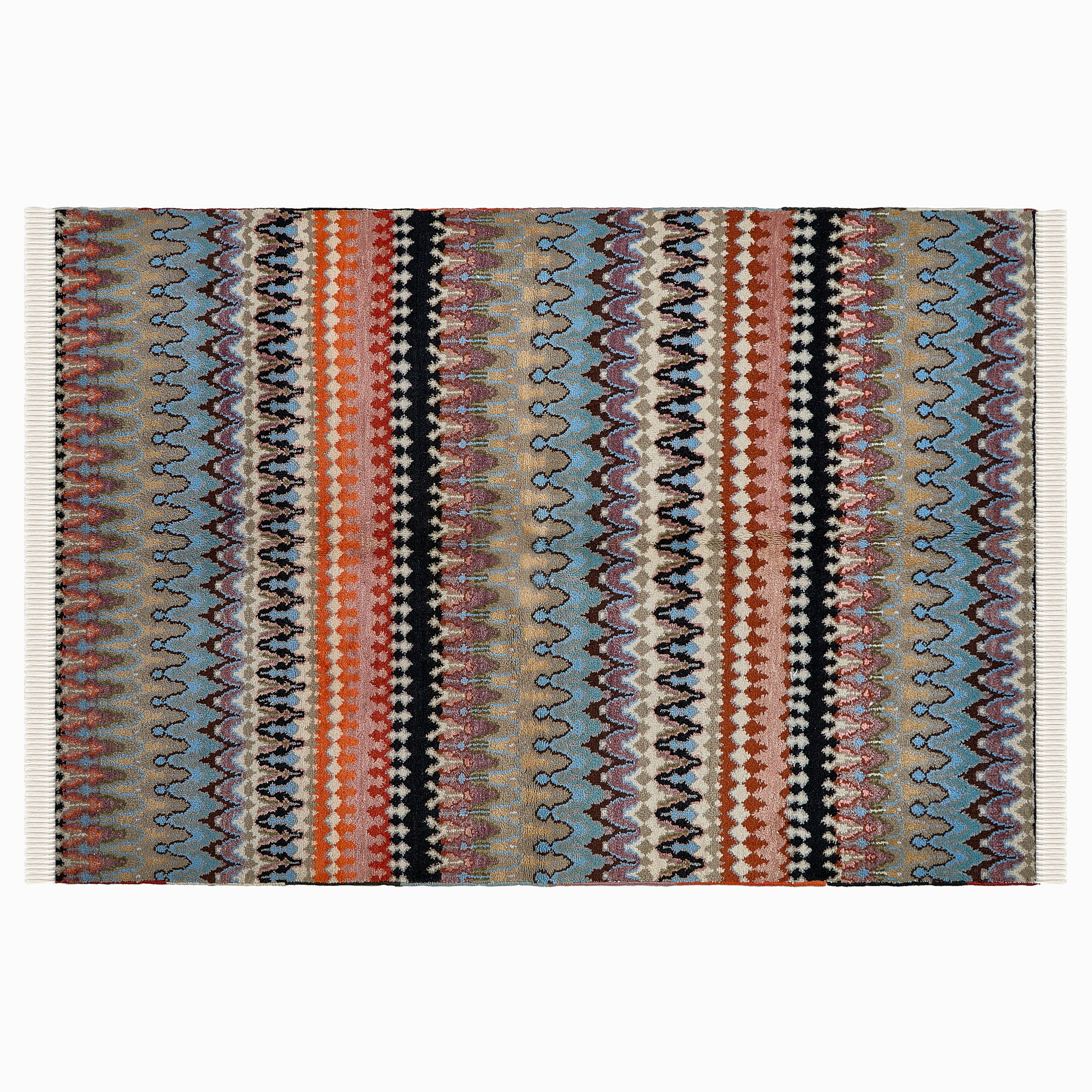rug in blue wool with zigzag tribal stripe motif, demonstrating handwoven rug craftsmanship.