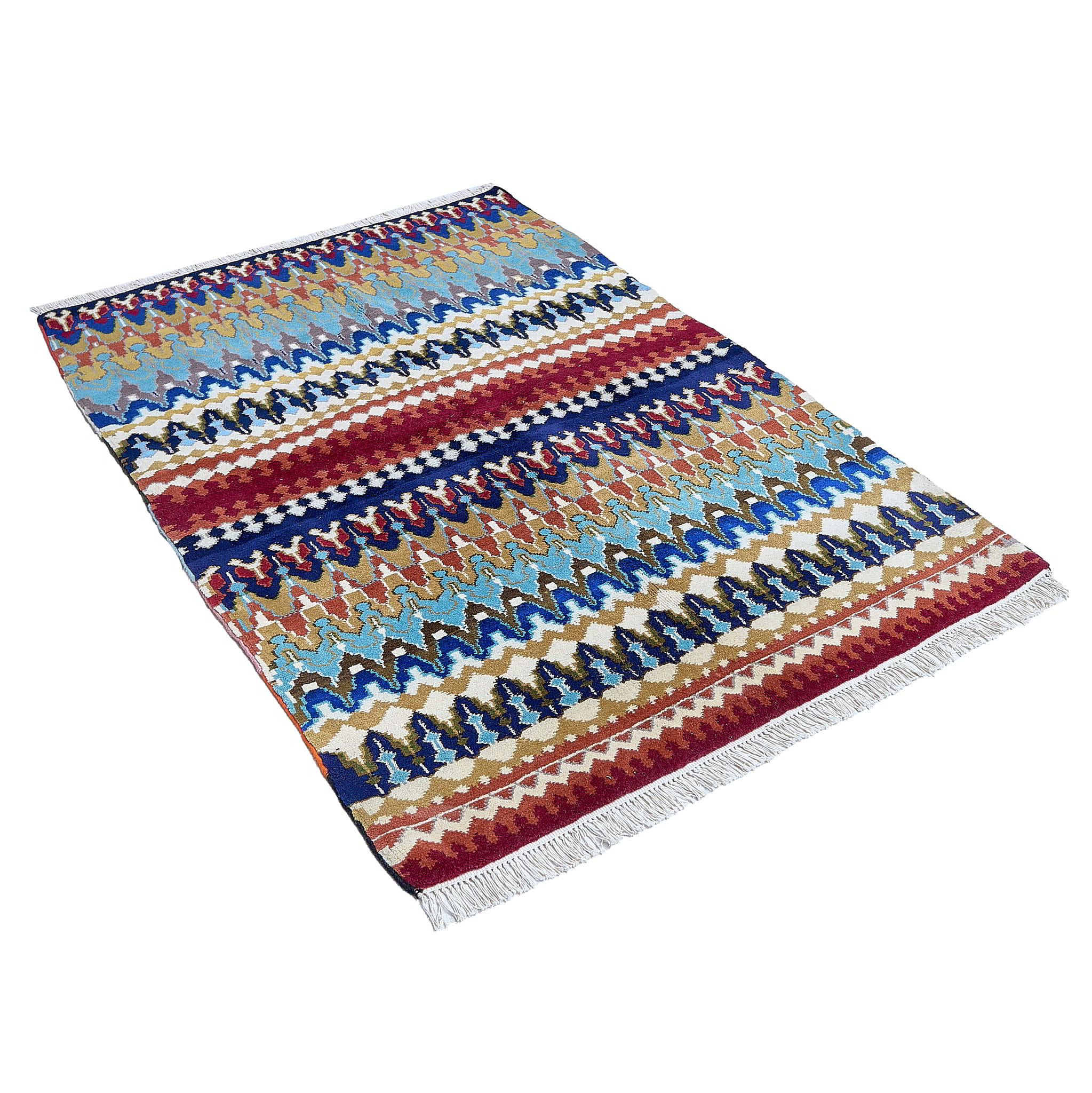 rug in navy wool with tribal striped wave motif, demonstrating handwoven rug craftsmanship.