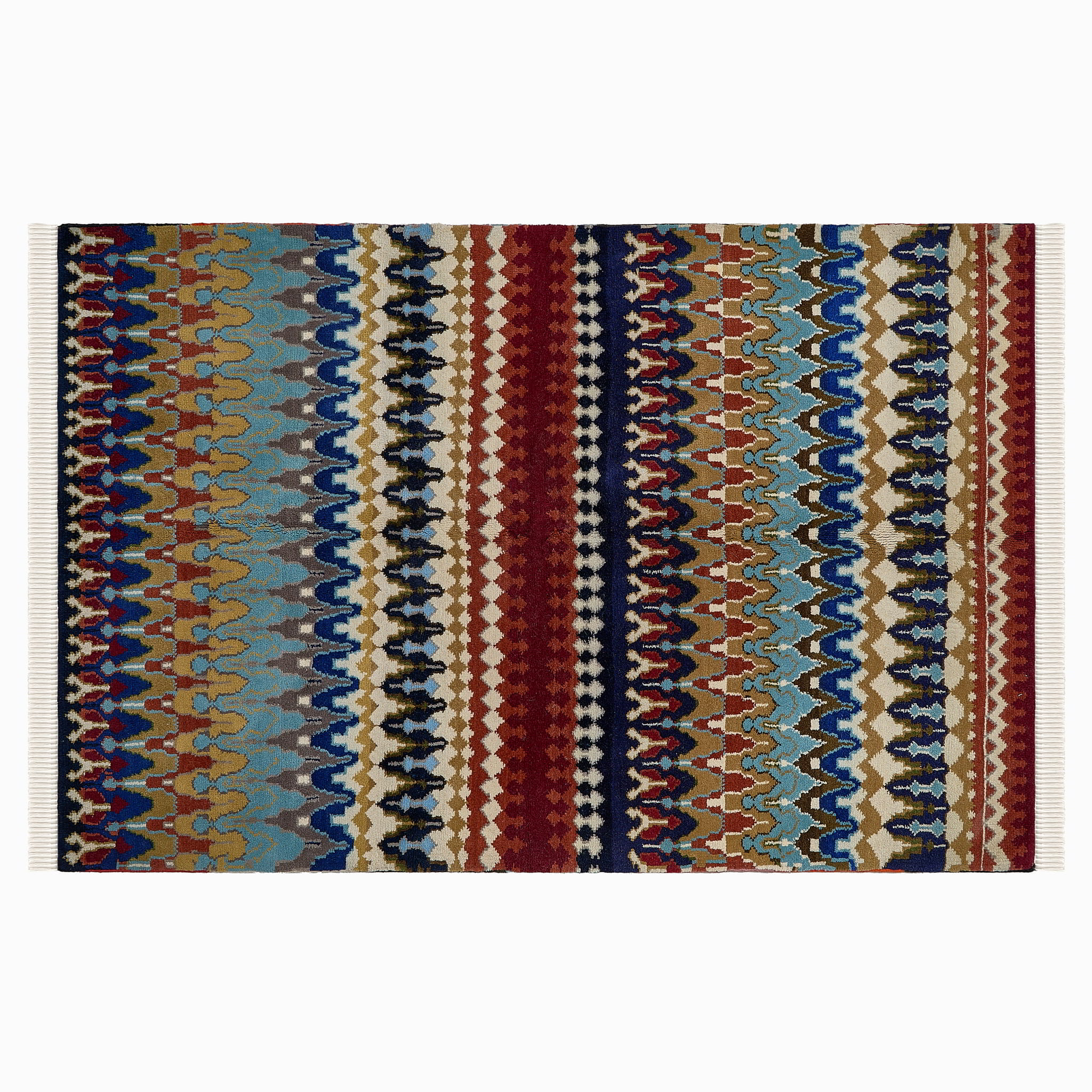 rug in navy wool with tribal striped wave motif, demonstrating handwoven rug craftsmanship.