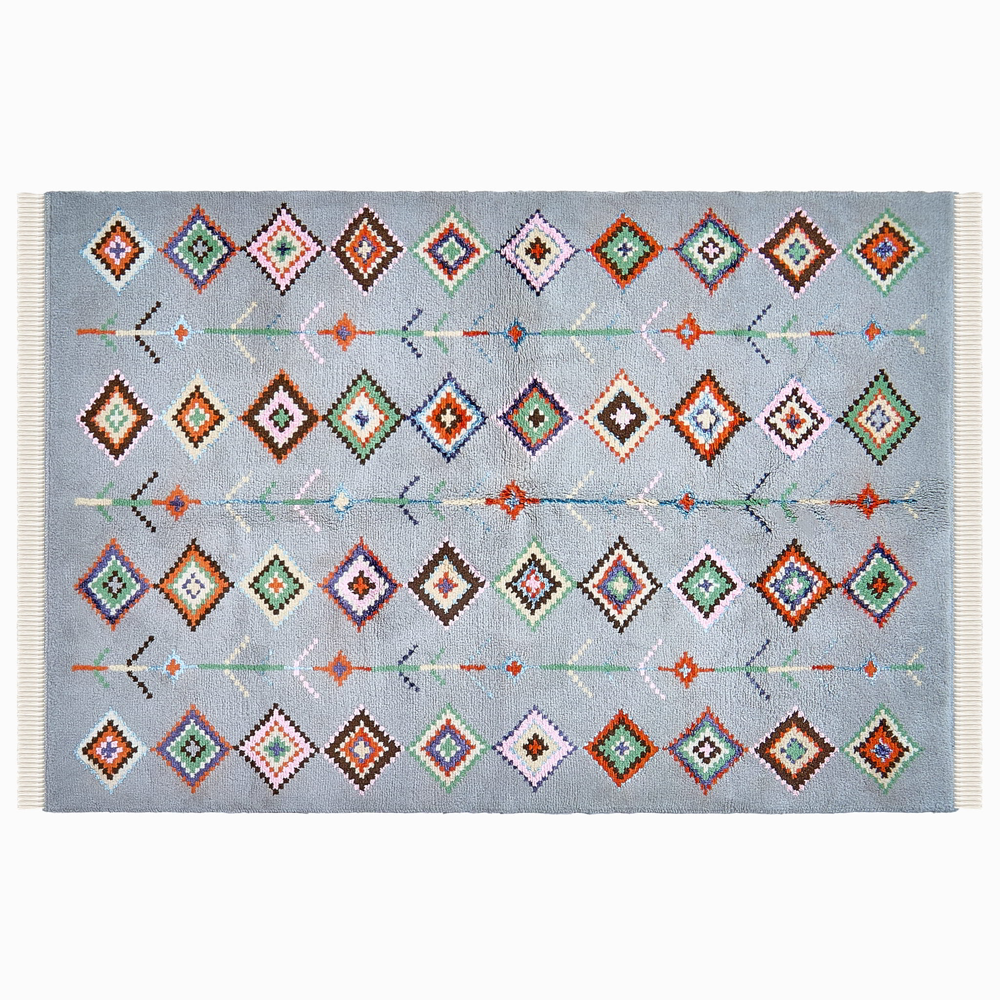 rug in soft grey wool with mixed tribal diamond/stripe motif, demonstrating handwoven rug craftsmanship.