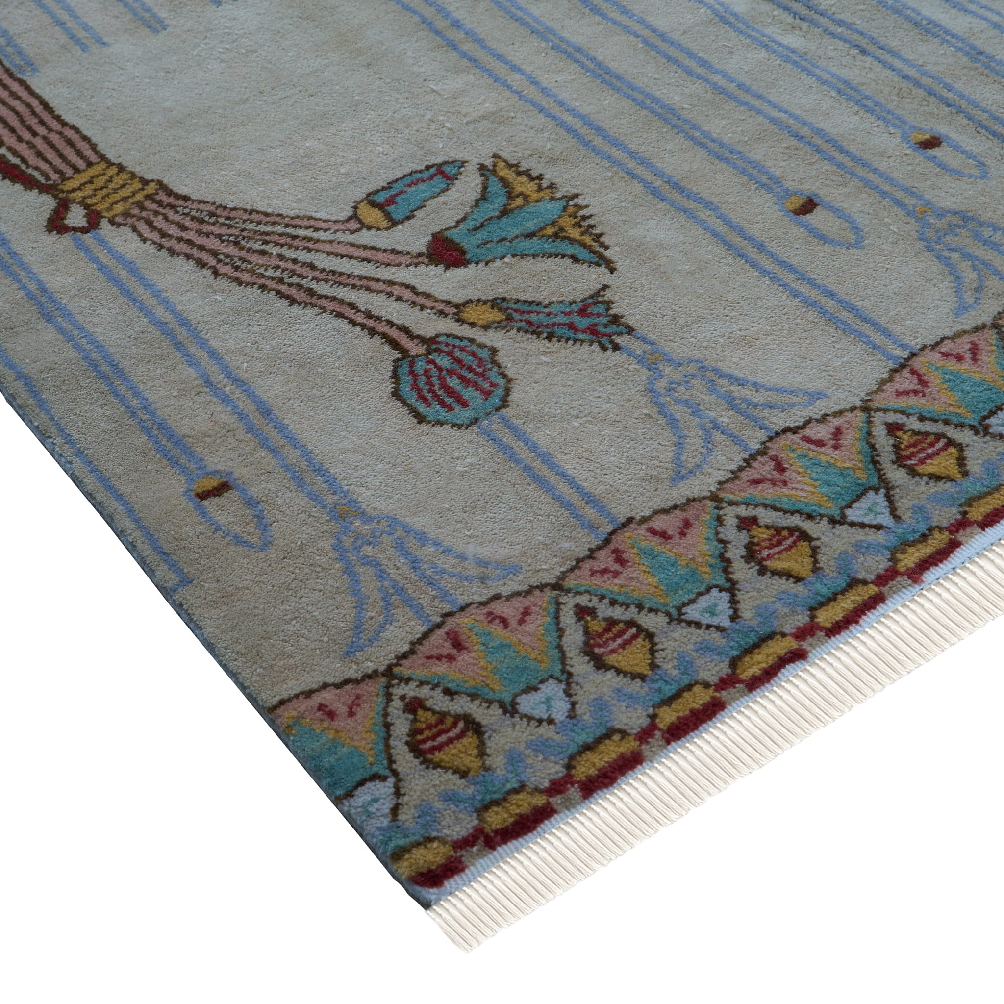 rug in brown wool with transitional floral motif, demonstrating handwoven rug craftsmanship.