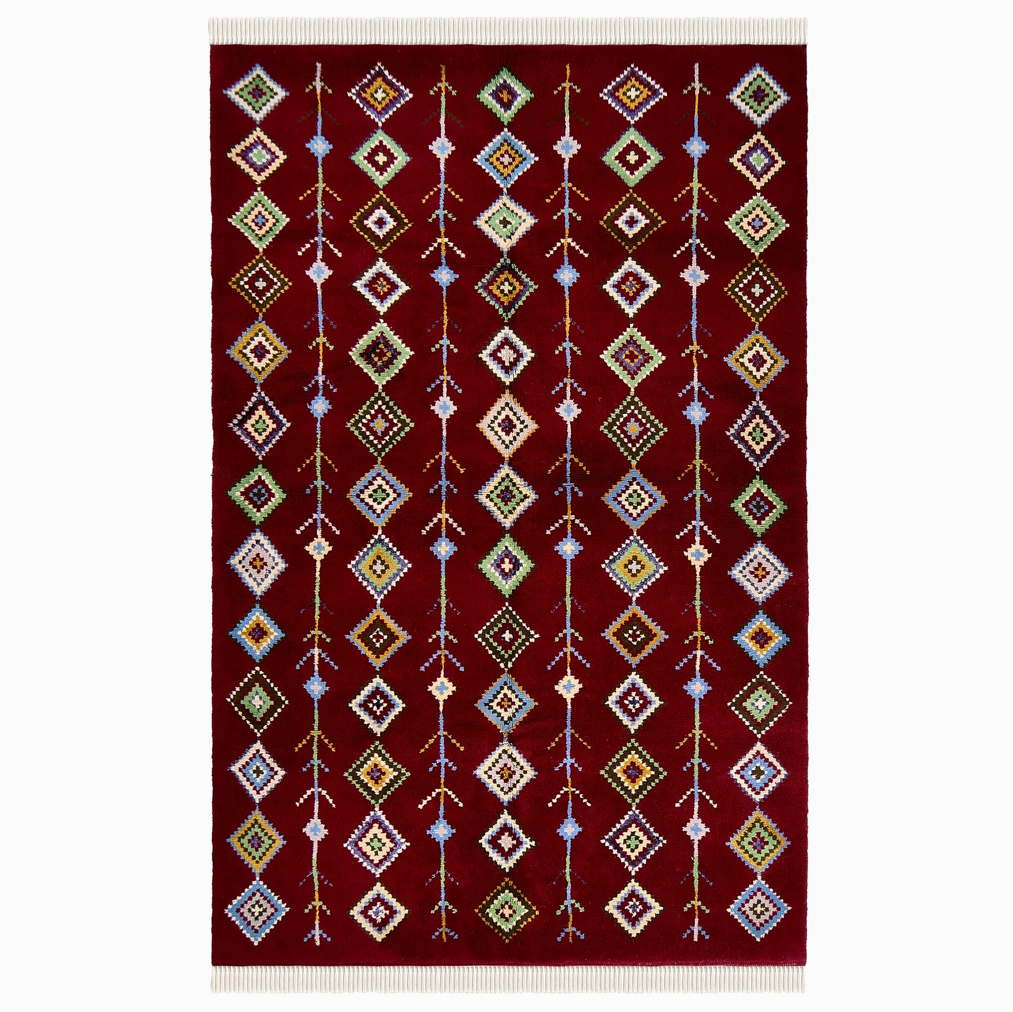 rug in deep red wool with diamond pathway motif, demonstrating handwoven rug craftsmanship.
