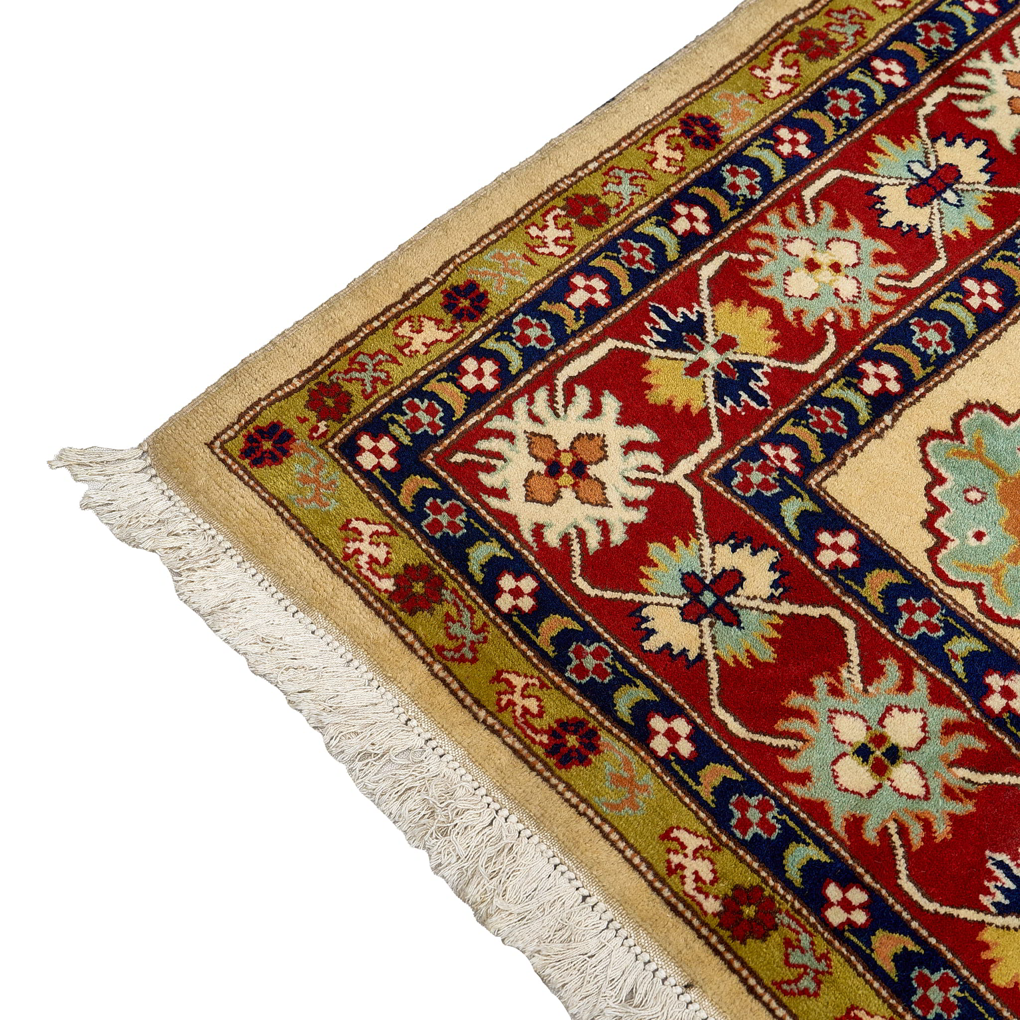 rug in red wool with star-based geometric motif, demonstrating handwoven rug craftsmanship.