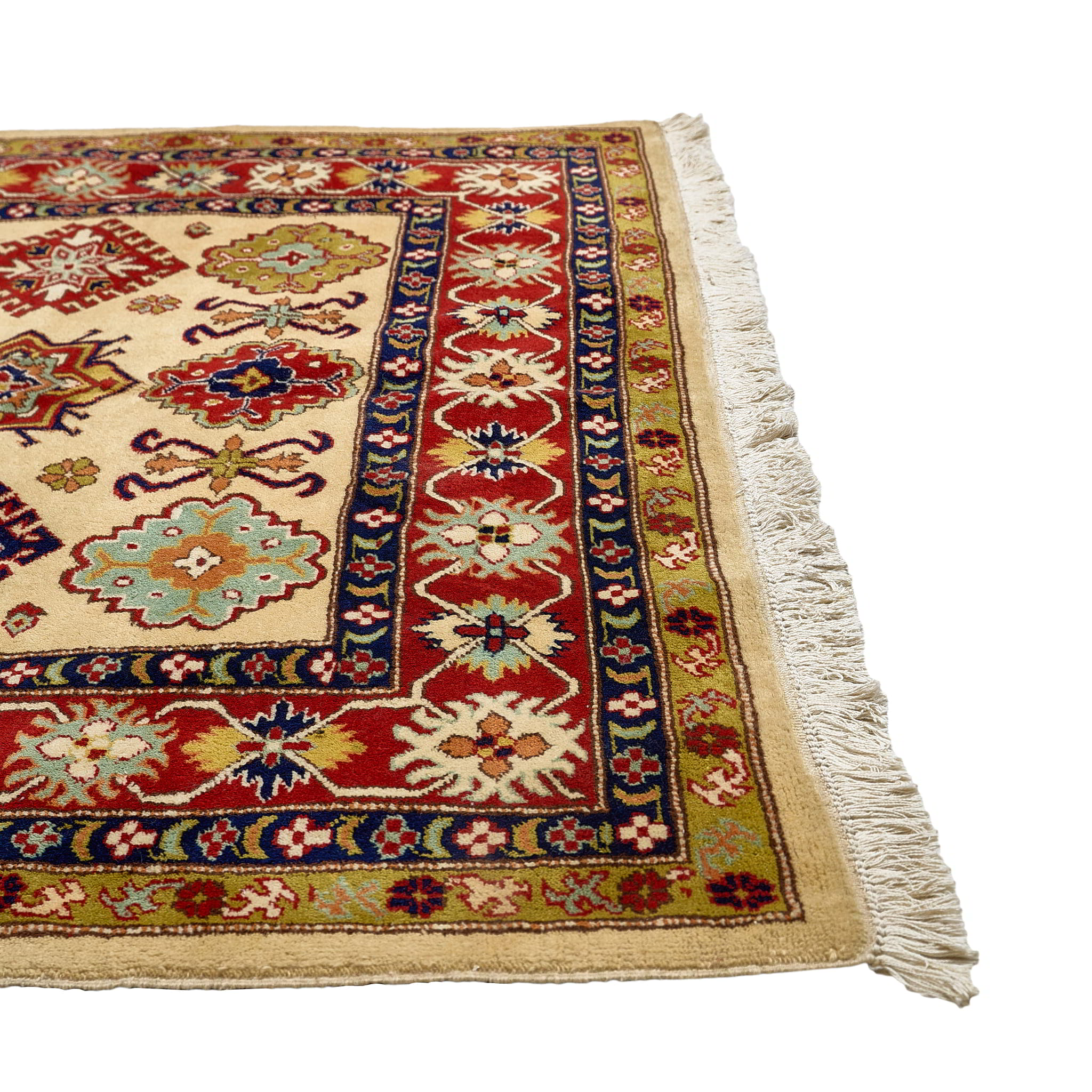rug in red wool with star-based geometric motif, demonstrating handwoven rug craftsmanship.