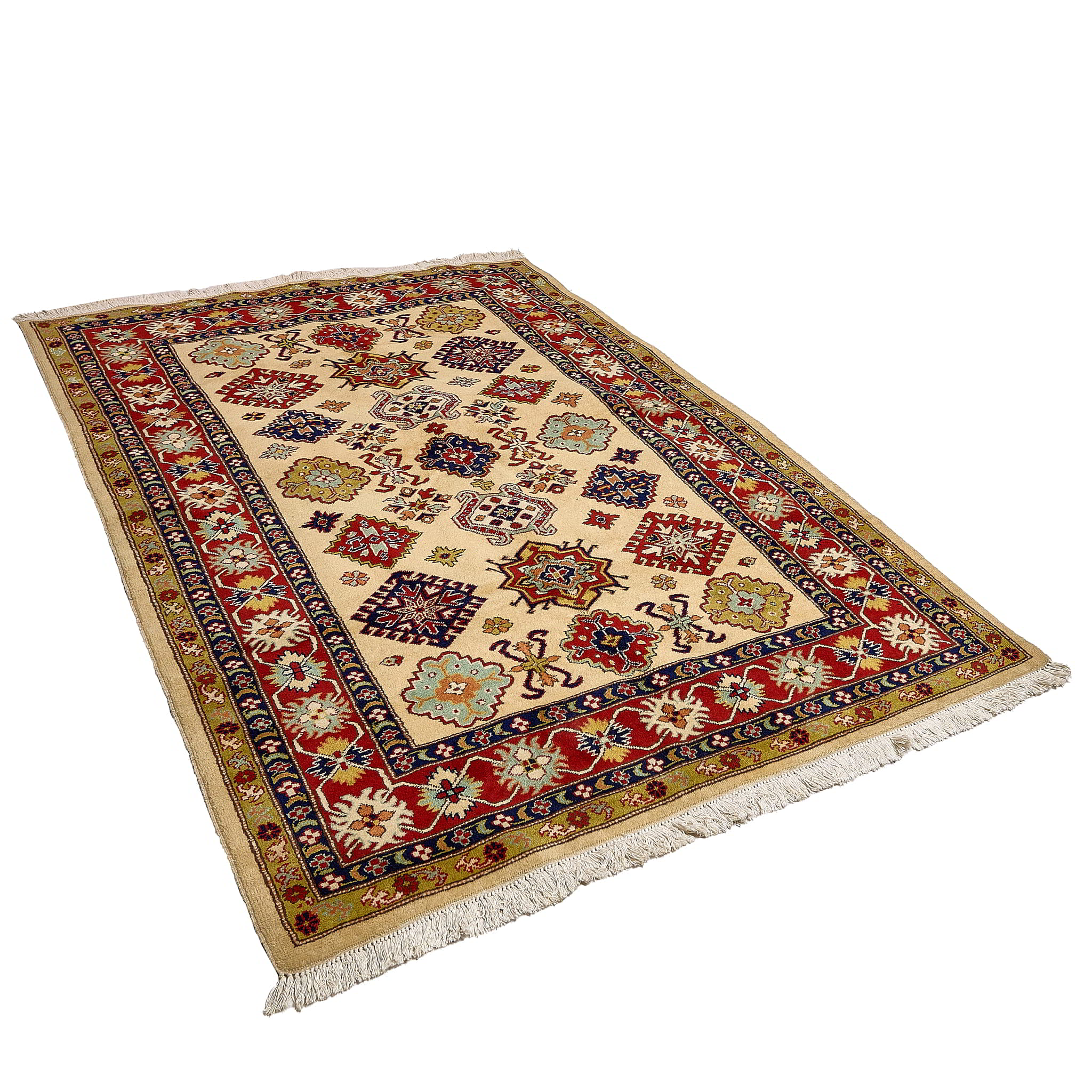 rug in red wool with star-based geometric motif, demonstrating handwoven rug craftsmanship.