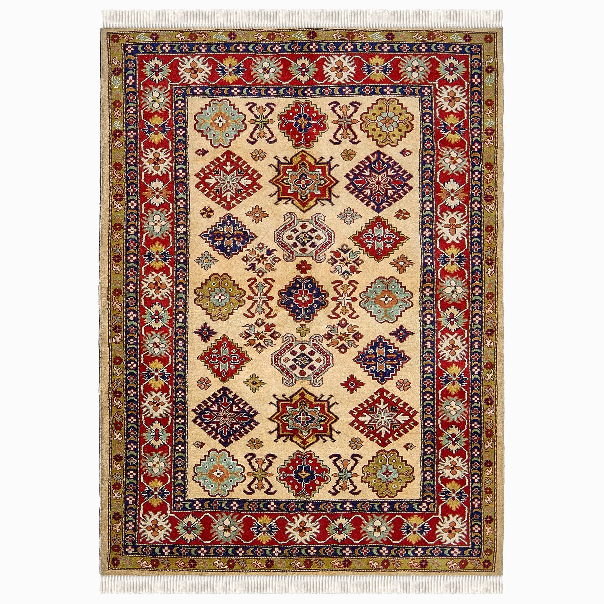 rug in red wool with star-based geometric motif, demonstrating handwoven rug craftsmanship.