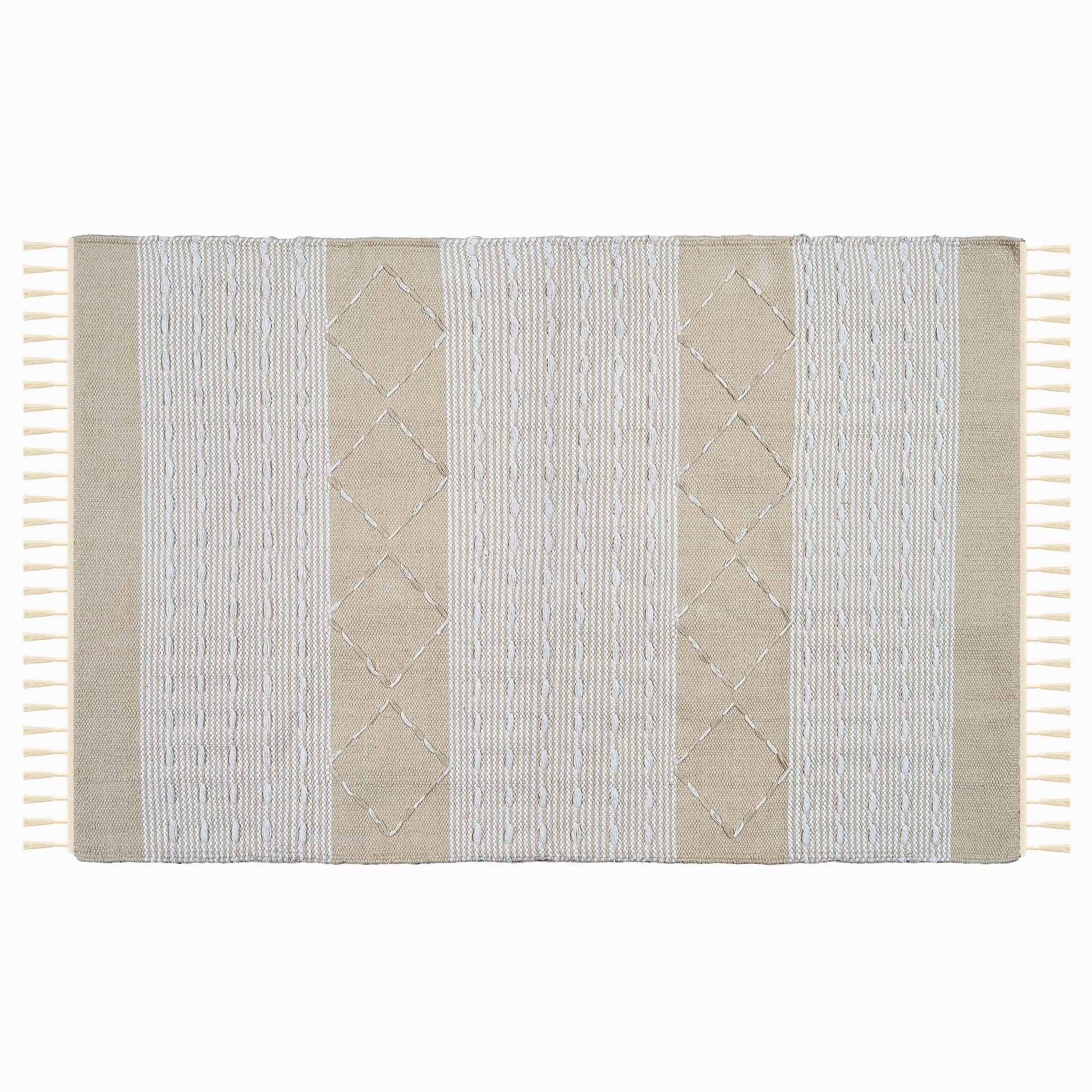 kilim in beige cotton with minimalist stripe/diamond motif, demonstrating kilim craftsmanship.