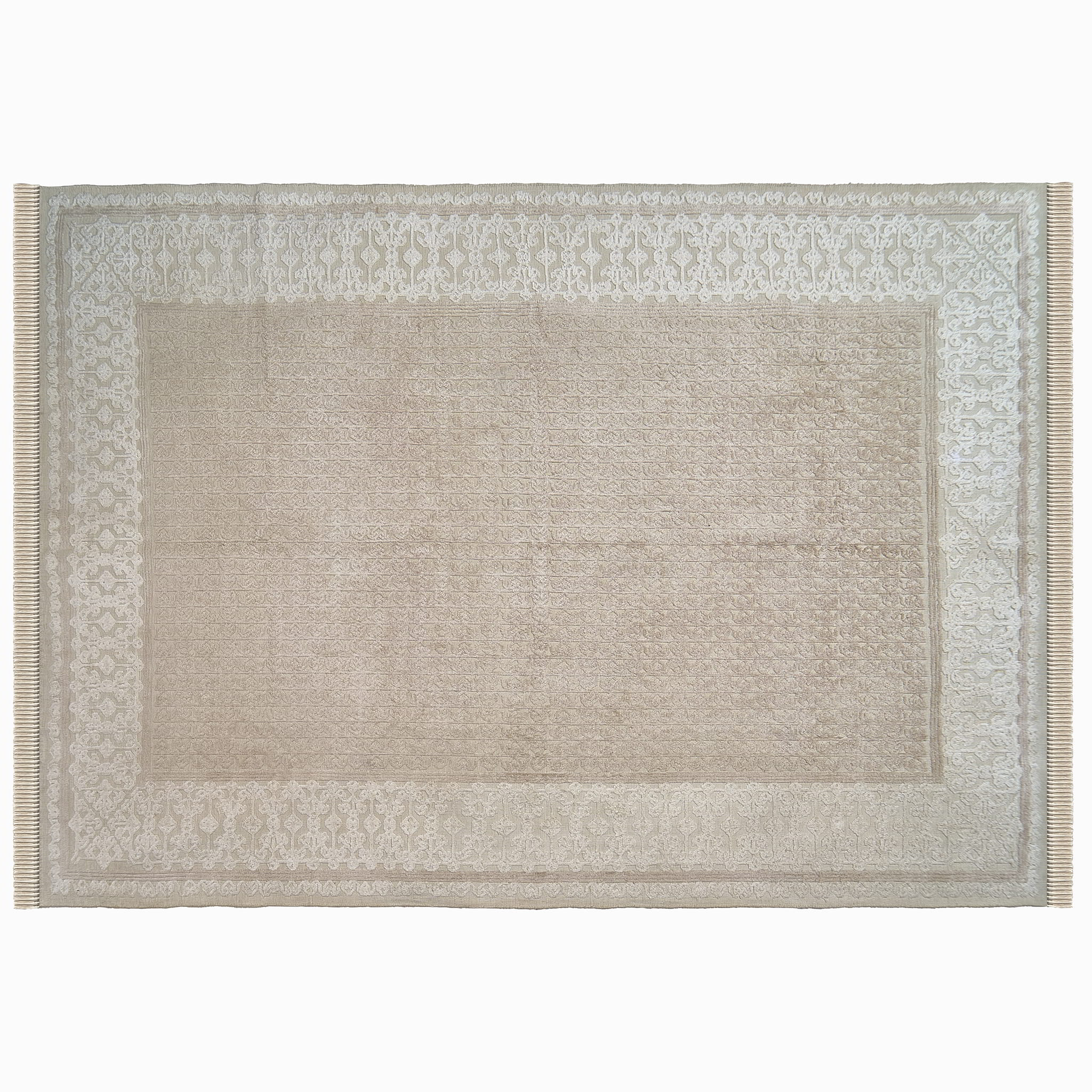 rug in beige cotton-silk blend with quiet floral field motif, demonstrating handwoven rug craftsmanship.