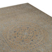 rug in taupe wool–cotton blend with mandala geometric motif, demonstrating handwoven rug craftsmanship.