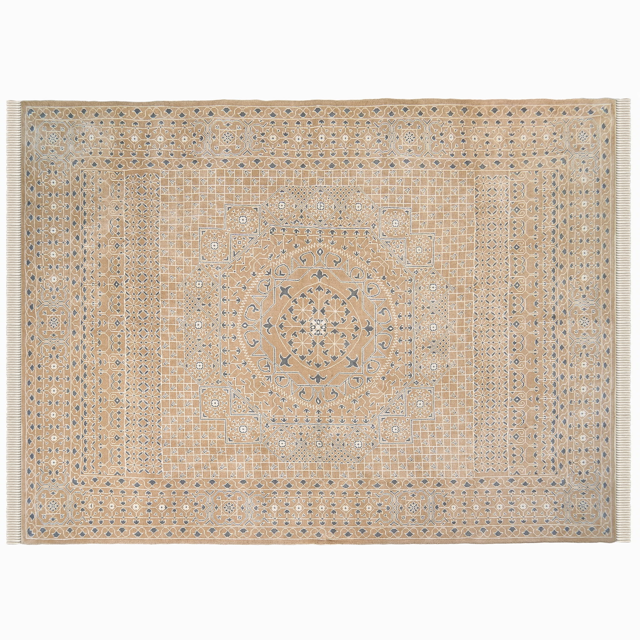 rug in taupe wool–cotton blend with mandala geometric motif, demonstrating handwoven rug craftsmanship.