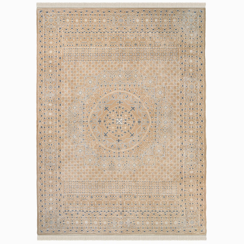 rug in taupe wool–cotton blend with mandala geometric motif, demonstrating handwoven rug craftsmanship.