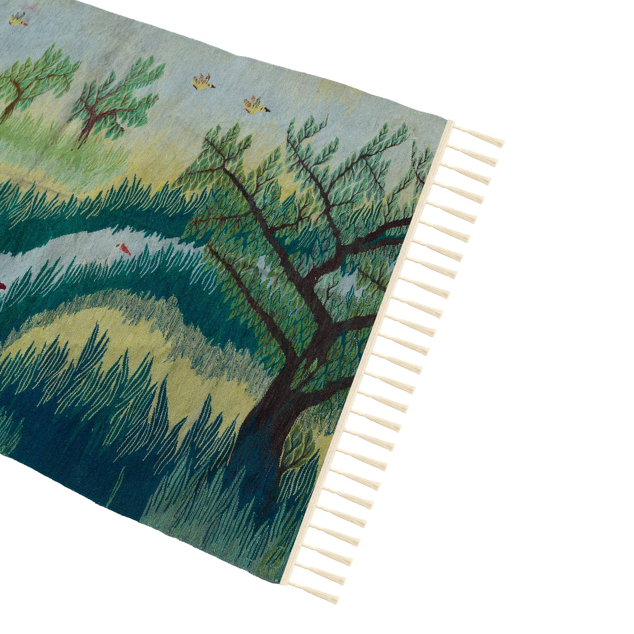 wall art in teal/green wool with nature landscape motif, demonstrating handwoven rug craftsmanship.