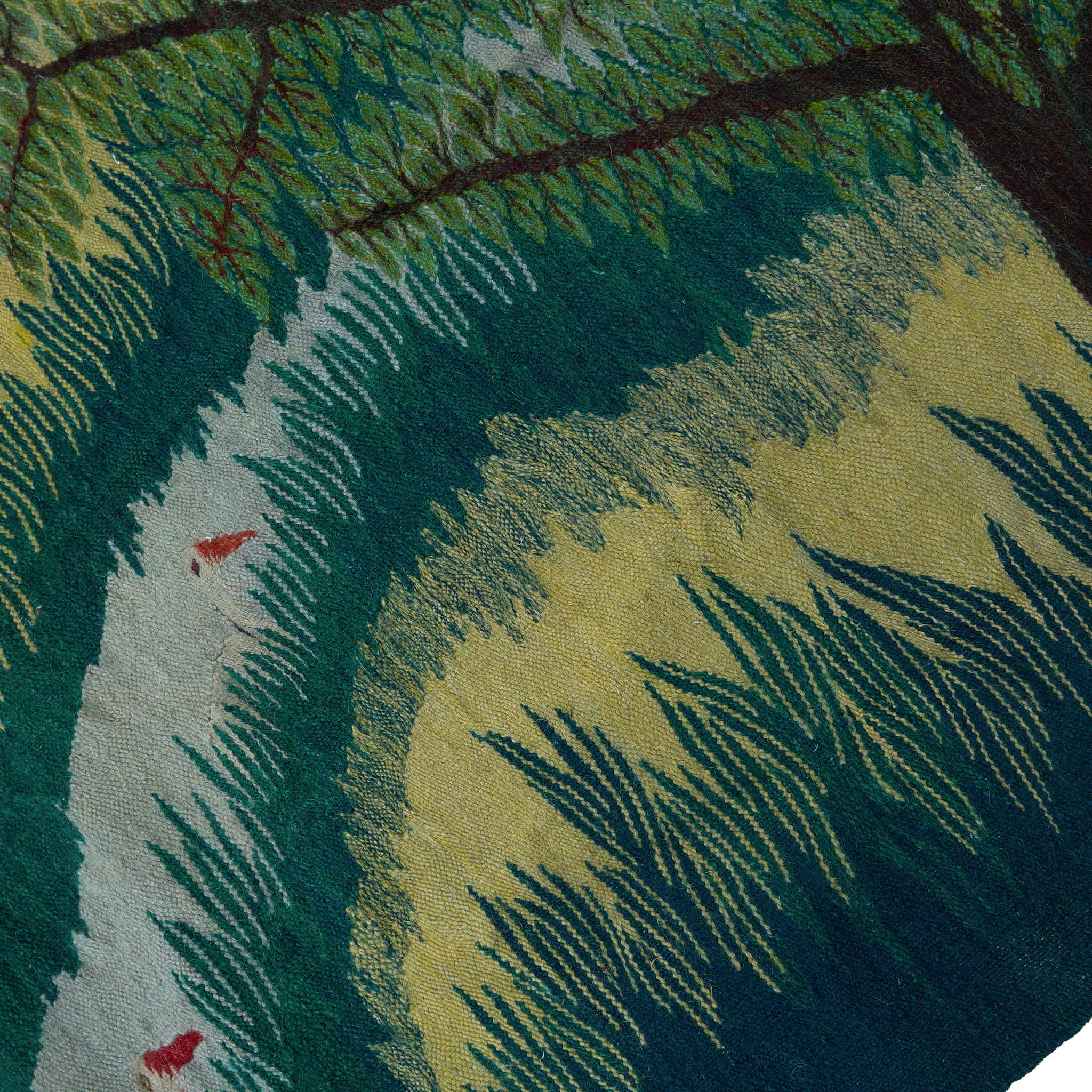 wall art in teal/green wool with nature landscape motif, demonstrating handwoven rug craftsmanship.