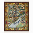 wall art in green wool with figurative village textile motif, demonstrating handwoven rug craftsmanship.