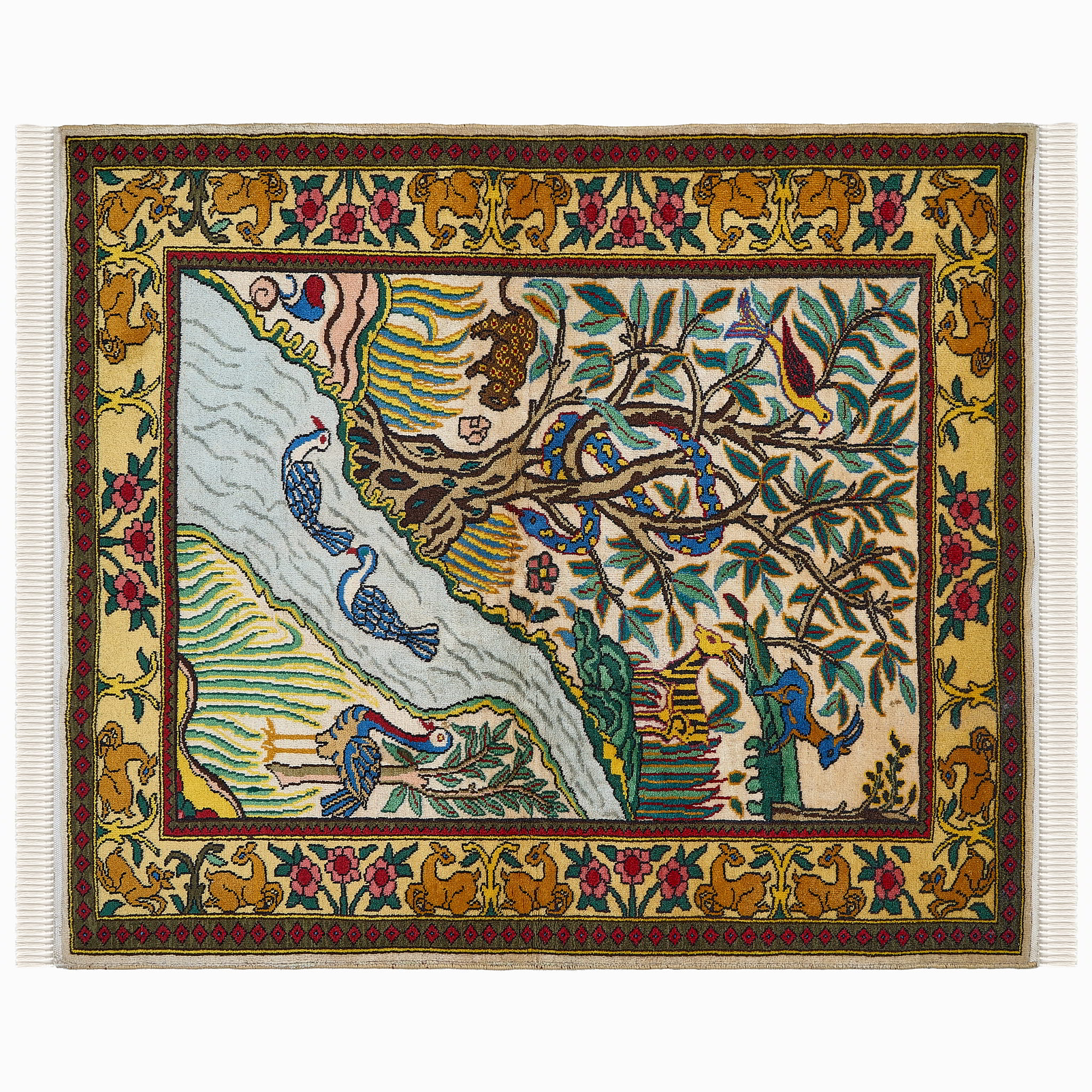 wall art in green wool with figurative village textile motif, demonstrating handwoven rug craftsmanship.