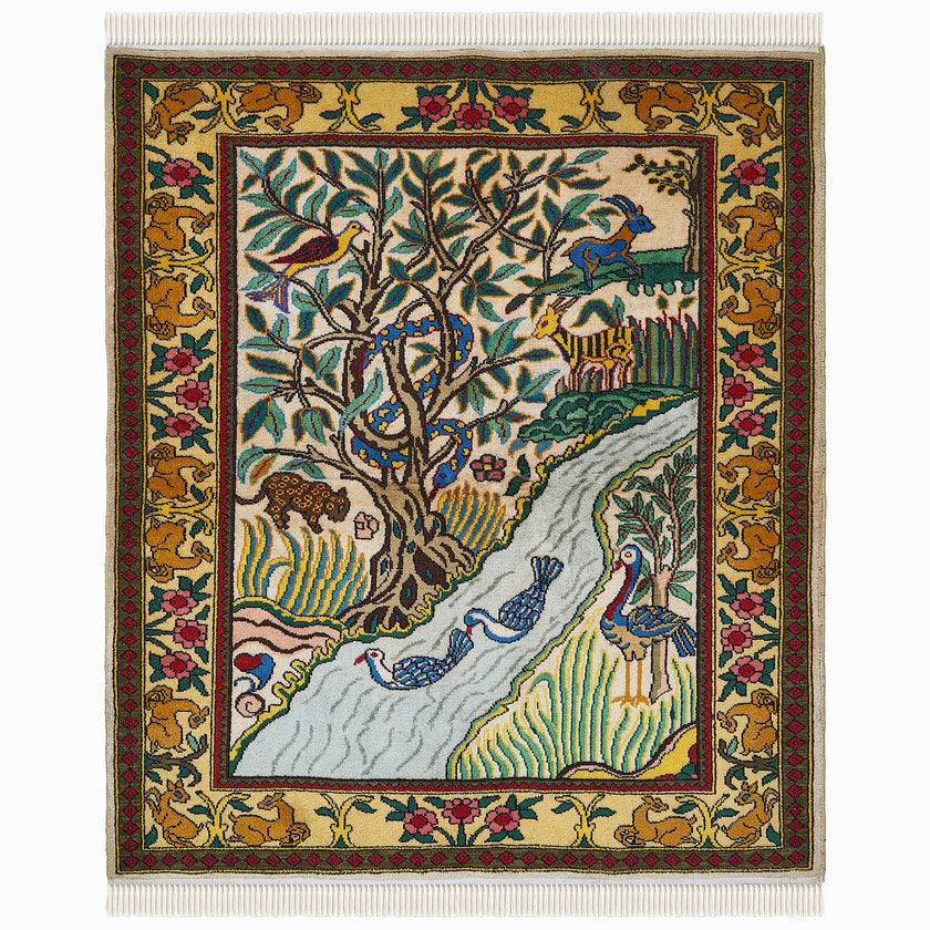 wall art in green wool with figurative village textile motif, demonstrating handwoven rug craftsmanship.